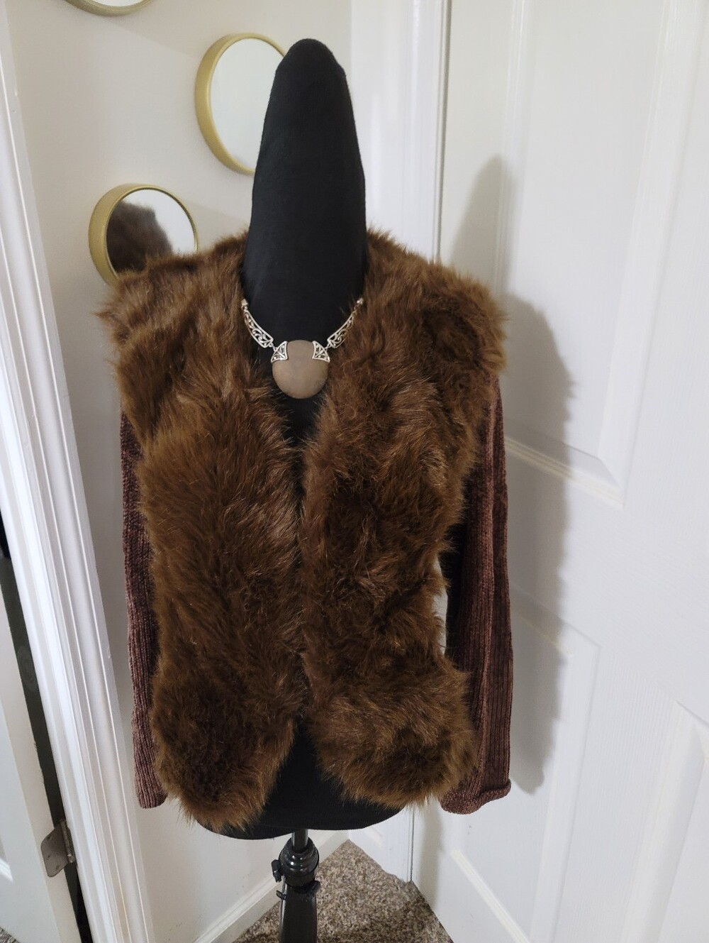 Lisa International Gorgeous Brown Faux Fur Cardigan with Knit Sleeves Y2K